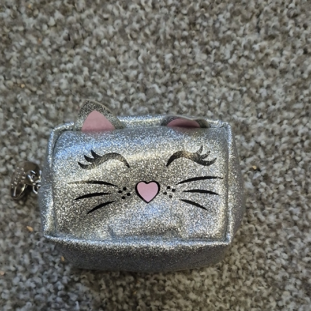 Silver Glitter Cat Pill Organizer And Bag